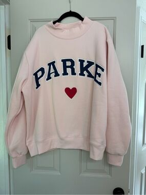 Parker Light Pink Crewneck Sweatshirt with Navy Lettering and Red Heart